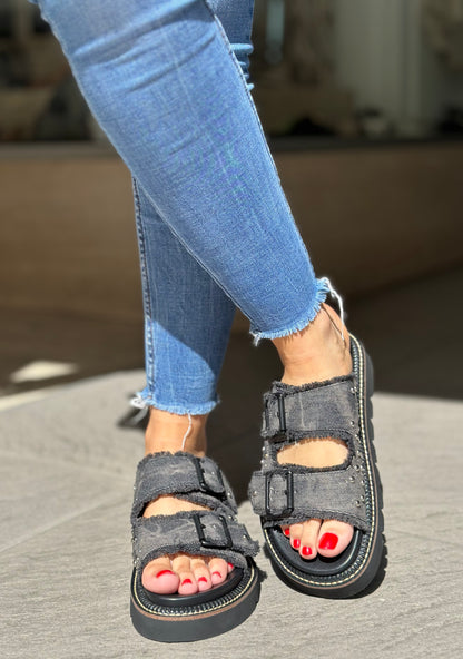 Nu-pieds CAFE NOIR jeans gris/noir femme