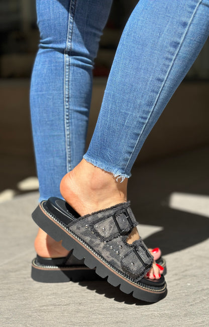 Nu-pieds CAFE NOIR jeans gris/noir femme