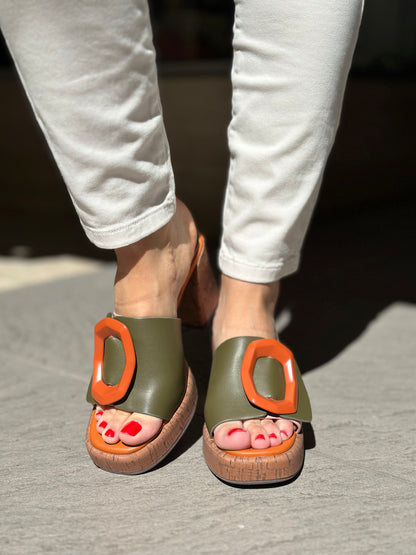 Mules à talons NOA HARMON orange et kaki femme