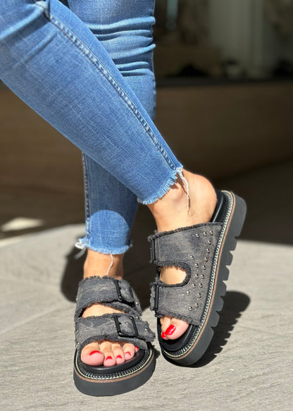 Nu-pieds CAFE NOIR jeans gris/noir femme