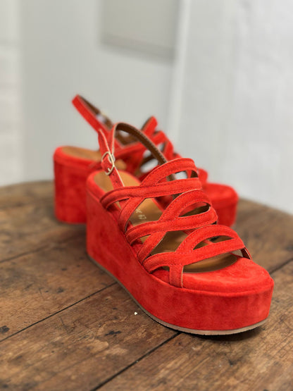 Nu-pieds compensés CAFE NOIR Rouge corail femme
