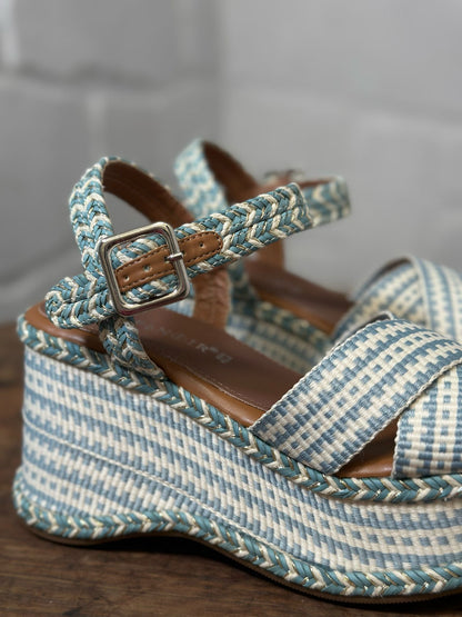 Nu-pieds compensés CAFE NOIR bleu et blanc femme