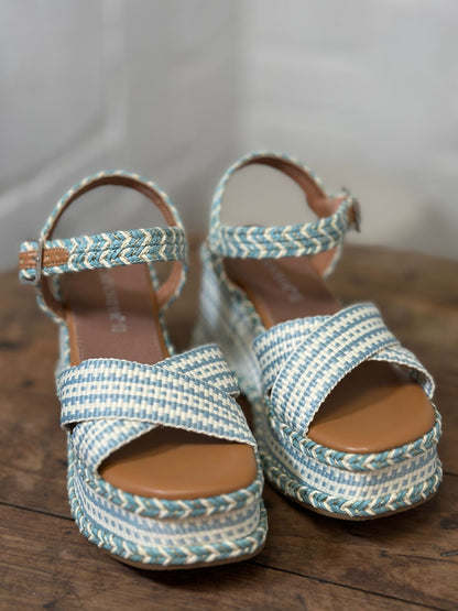 Nu-pieds compensés CAFE NOIR bleu et blanc femme
