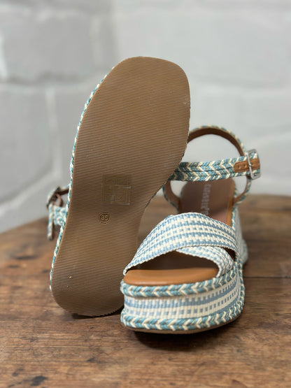 Nu-pieds compensés CAFE NOIR bleu et blanc femme