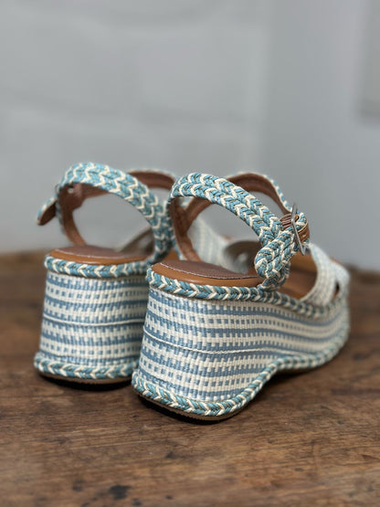 Nu-pieds compensés CAFE NOIR bleu et blanc femme