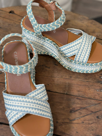 Nu-pieds compensés CAFE NOIR bleu et blanc femme